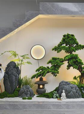 室内枯山水仿真绿植迎客松景观橱窗楼梯下造景假山装饰品落地摆件