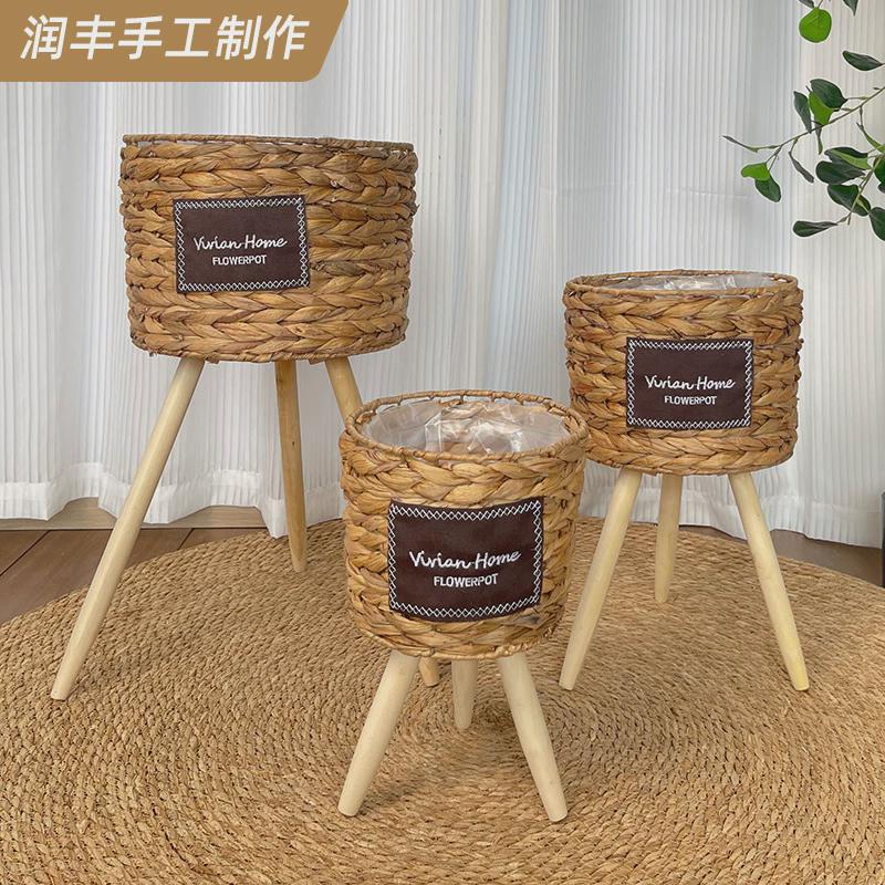 编织花盆草编花篮藤编落地木质高花架客厅装饰现货芦苇编织花盆