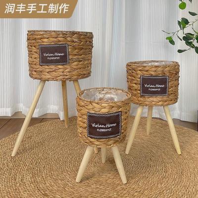 编织花盆草编花篮藤编落地木质高花架客厅装饰芦苇现货编织花盆