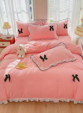 网红款ius公主风泡泡纱四件套床上用品韩版少女心纯色花边四件套