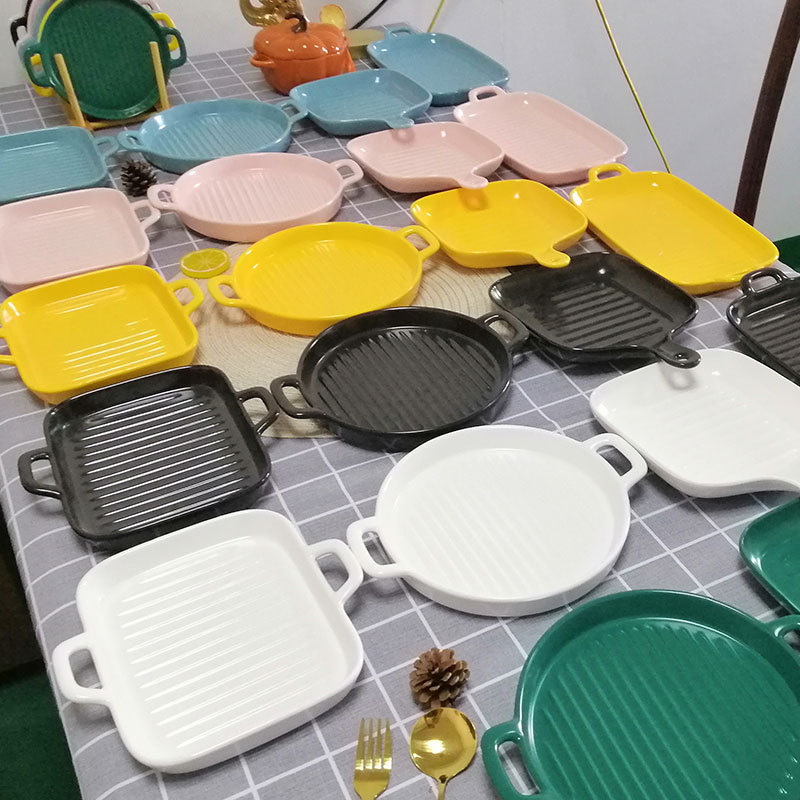 跨境北欧陶瓷烤盘子创意带手柄烤箱烘焙焗饭烤盘子家用菜盘餐盘子
