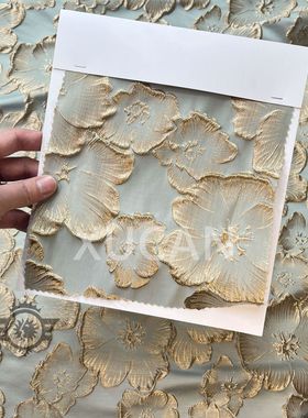 新款浮雕大花柔软金丝提花面料蓝色立体油画质感素雅立体提花布料