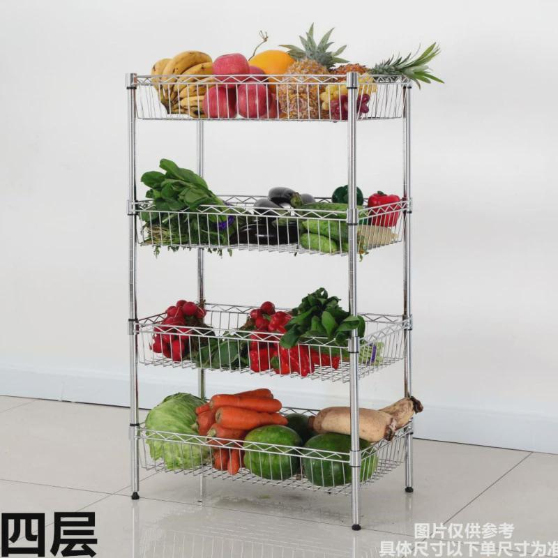 厨房蔬菜置物架果蔬收纳架四层不锈钢色落地菜筐放菜架子菜筐锅架