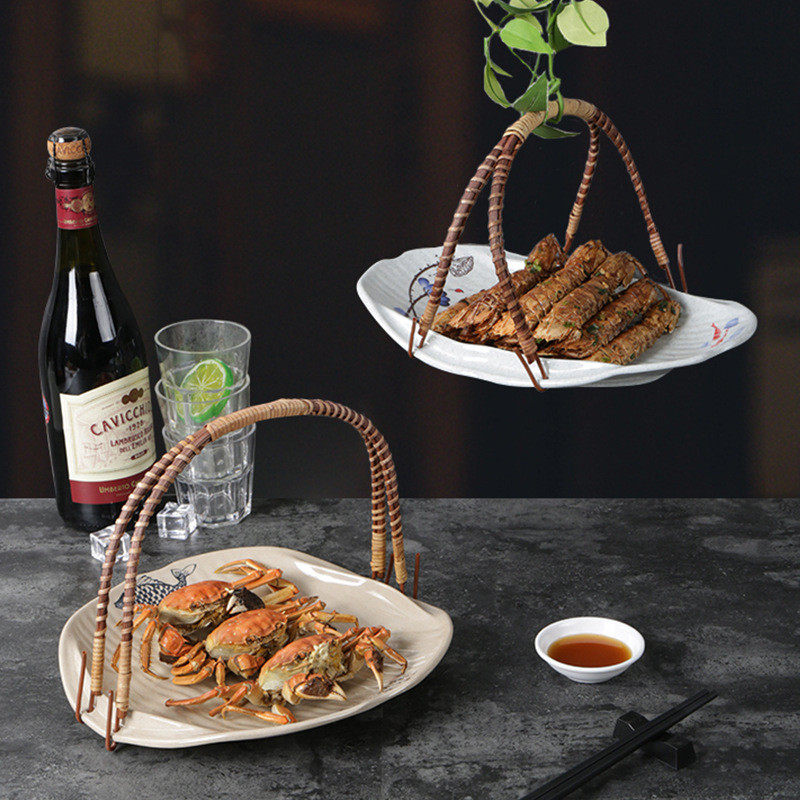 密胺饭店用菜盘特色创意个性仿瓷盘塑料手提盘子复古提篮吊盘商用
