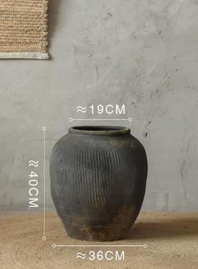 大圆肚灰色陶罐客厅造景侘寂风装饰民宿粗陶罐复古土陶大花瓶落地