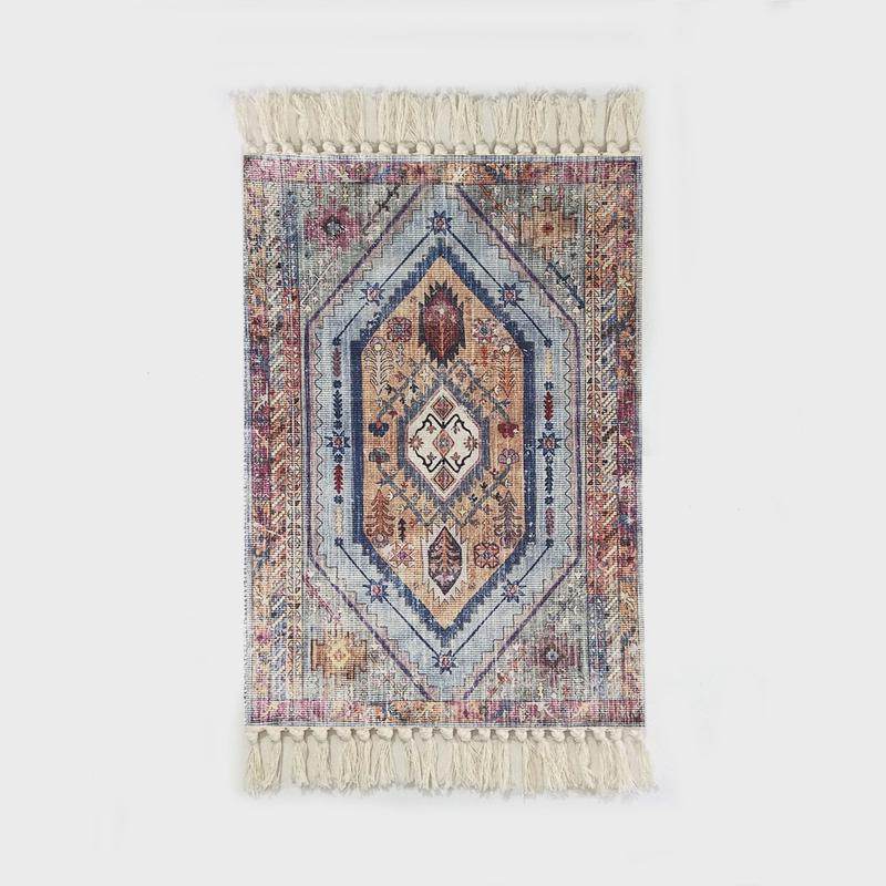 美式复古多色流苏波斯民族风手工打结几何涤棉麻感地毯地垫