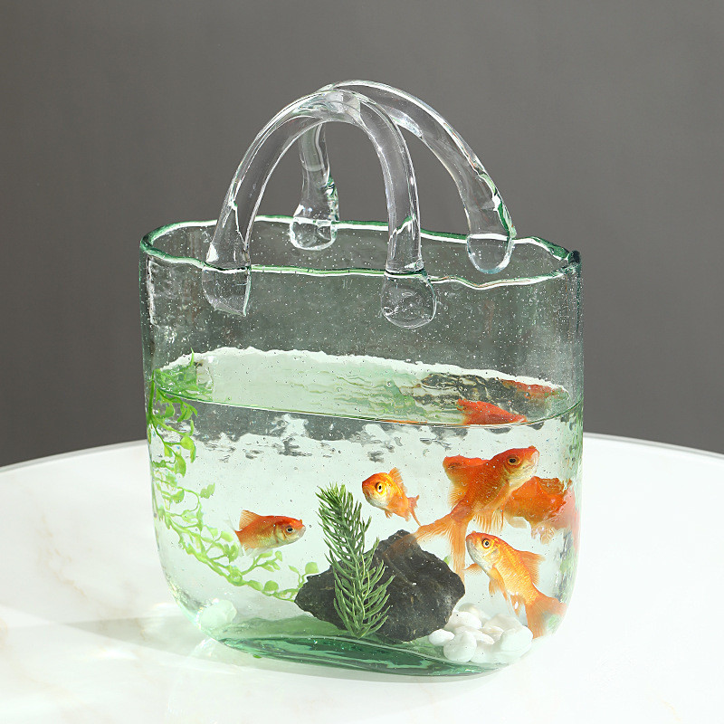 网红透明玻璃包包花瓶手提篮摆件创意轻奢客厅水养插花鱼缸装饰品