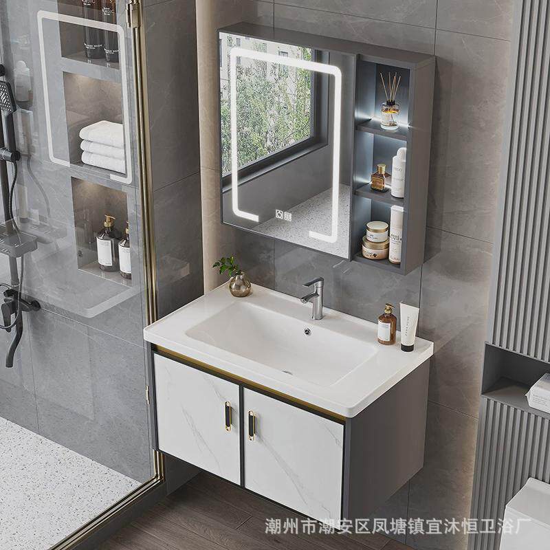 现代简约轻奢石纹浴室柜组合定制40-100cm尺寸白蓝灰吊柜双金抽屉