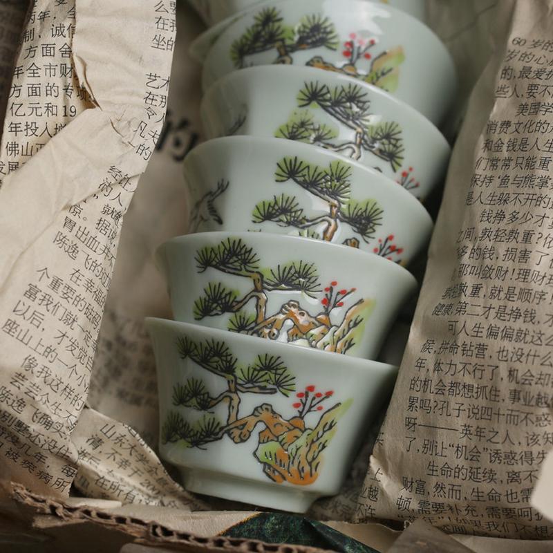 老潮州松鹤六角功夫茶杯 浮雕高温釉下彩小品茗茶具工夫绿色陶瓷