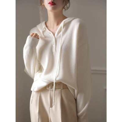 春秋连帽羊绒针织卫衣女宽松纯色显瘦套头毛衣休闲羊毛打底帽衫潮