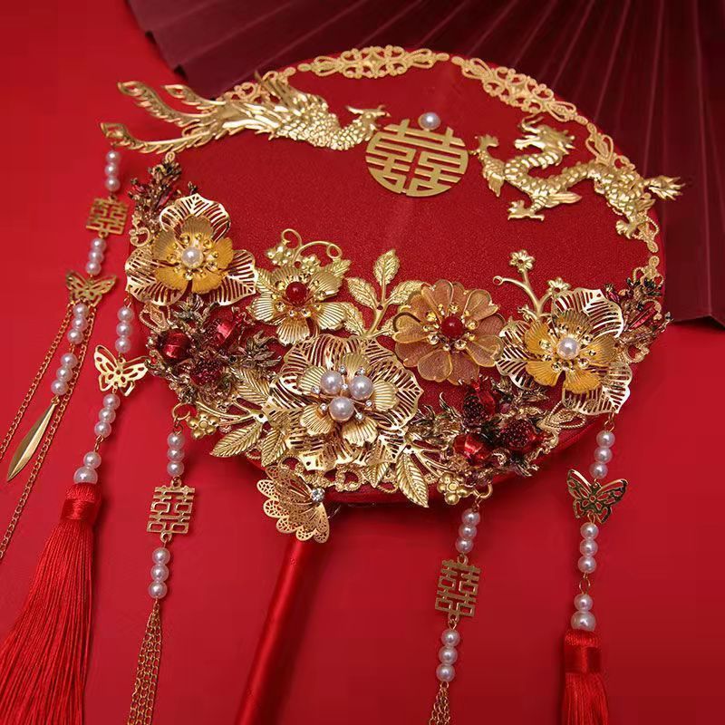 团扇新娘团扇中式结婚礼diy扇成品长柄双圈双面扇喜材料包包邮