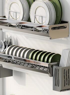 灰色厨房碗碟收纳架壁挂式碗盘置物架双层碗架筷子筒一体沥水架