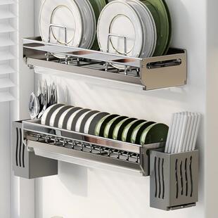 灰色厨房碗碟收纳架壁挂式碗盘置物架双层碗架筷子筒一体沥水架