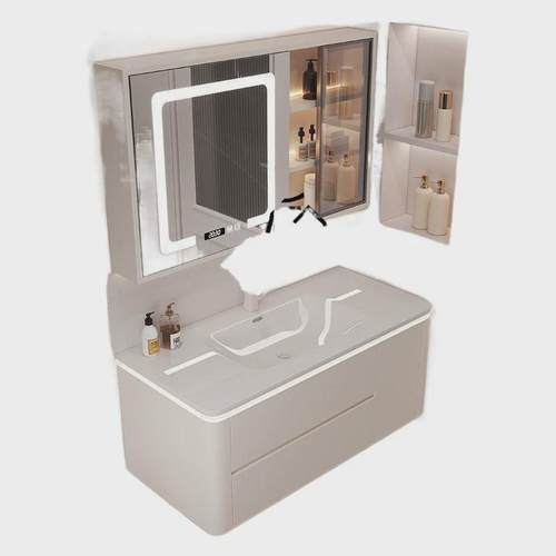 q娥一体奶油风圆角陶瓷简约盆现代实木智能浴室柜组合洗漱台洗手