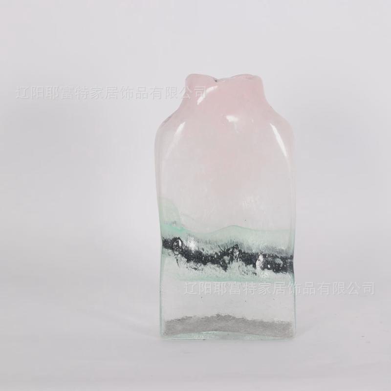 吹口玻璃花瓶创意北欧粉色透明水炸纹插花器水培器皿扁制小清新