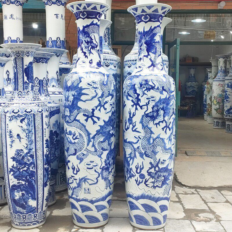 景德镇陶瓷落地花瓶手绘瓷龙纹手工雕刻装饰品大摆件开业礼品青花