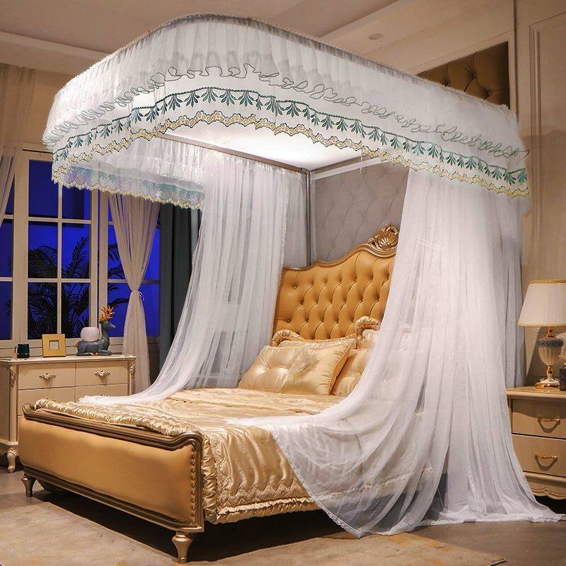 欧式导轨蚊帐家用u型轨道卧室支架床帘一体式免安装双人加厚纹帐