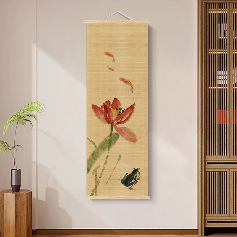 新中式荷花竹帘挂画客厅背景墙禅意挂帘玄关书房茶室复古装饰帘子图片