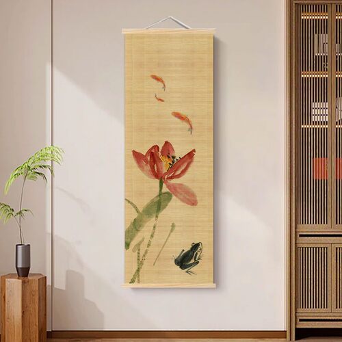 新中式荷花竹帘挂画客厅背景墙禅意挂帘玄关书房茶室复古装饰帘子