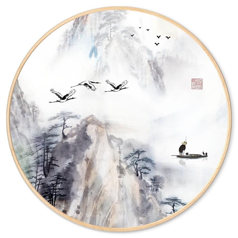 新中式客厅装饰画抽象圆形禅意壁画中国风茶室山水字画玄关挂画