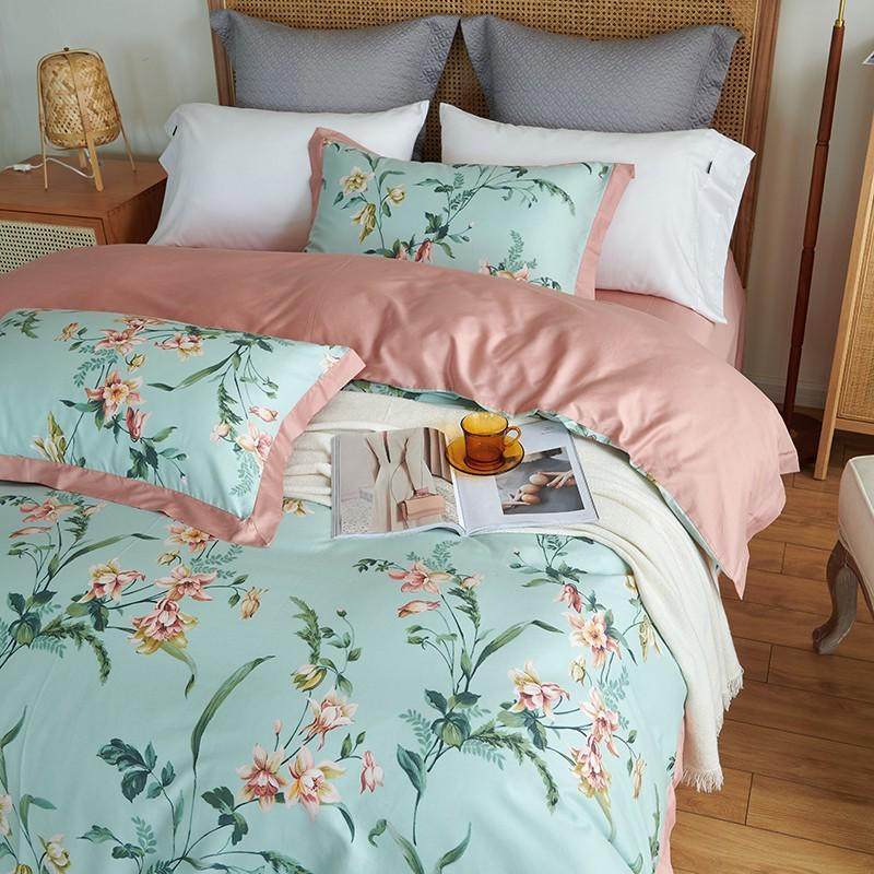 8dwl美式田园60s长绒棉贡缎四件套小清新床上全棉被套床单1.8印花