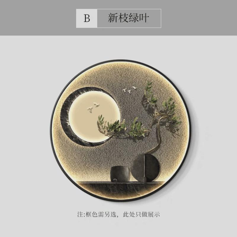 日式入户玄关挂画圆形发光画客厅茶室壁画侘寂风餐厅装饰画图片