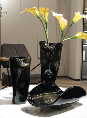 热销晶淳洒黑色金箔不规则抽象造型花瓶果盘套装现代风餐厅软装饰