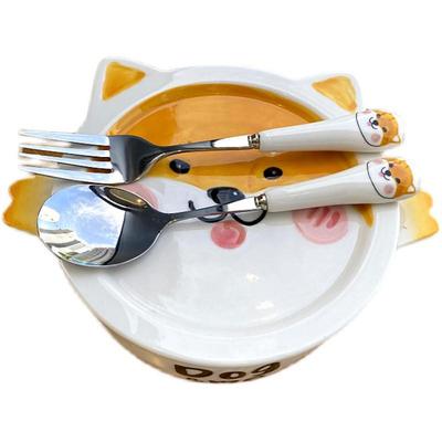 qd4d韩式男女柴犬双耳汤碗泡面碗陶瓷碗可爱学生宿舍单人餐具面碗