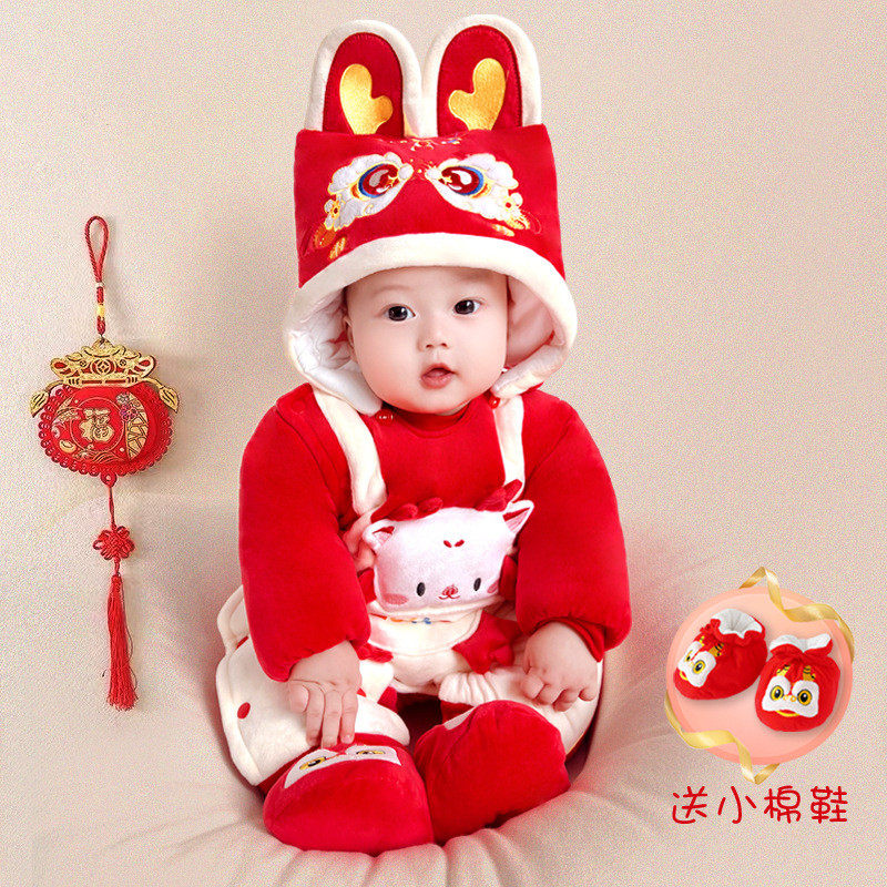 红色新款婴幼儿过年喜庆衣服满月新生宝宝冬季连体衣秋冬装拜年服