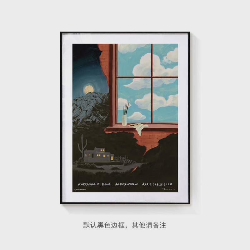 北欧复古小众loft自然风景公园装饰画简笔卡通绘画森林挂画客厅