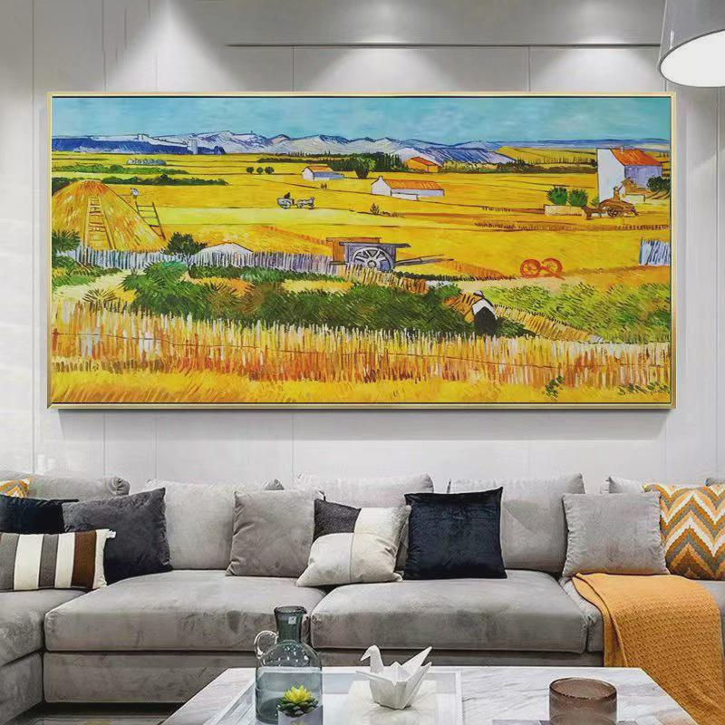 侘寂风客厅装饰画背有靠山沙发背景墙手绘油画三联组合画挂画壁画