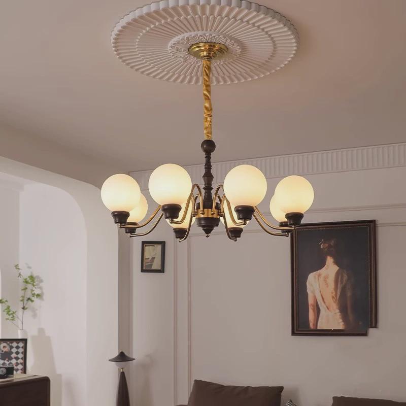 全铜美式复古客厅吊灯中古法式主灯实木玻璃胡桃木色卧室餐厅灯具