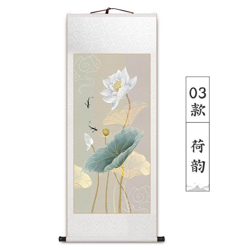 茶室荷花玄关画新中式客厅装饰画禅意粉色壁画卷轴挂画中国风国画