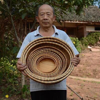 竹编簸箕圆形筲箕竹筛子农家竹制品收纳筐家用有孔水果篮洗菜圆筐