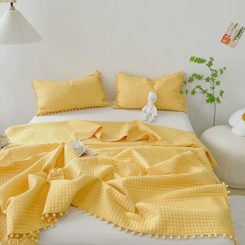 日式球球白色水洗棉夏凉被三件套绗缝纯色夏被可机洗空调被批