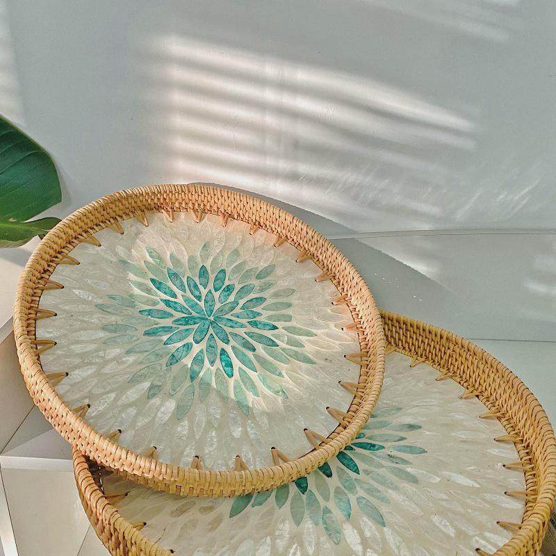 藤编北欧创意彩贝壳果盘装饰摆件首饰收纳茶摆盘托盘置物盘收纳篮,收纳整理,橱柜收纳筐,淘宝优惠券,粉丝福利购,淘宝优惠卷