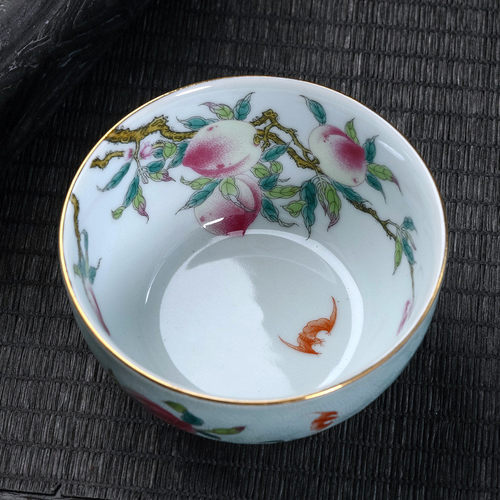热销0j7i陶瓷粉彩九品茗杯扒花轧道桃子桃五福过墙内绘寿桃大号主