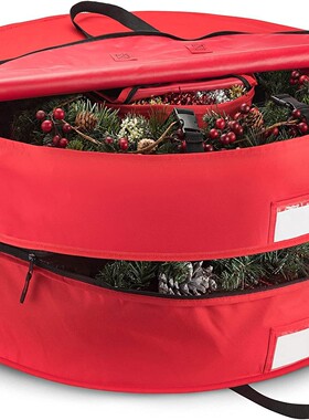 红色牛津布双层储物花环收纳袋圆形圣诞包双层收纳袋