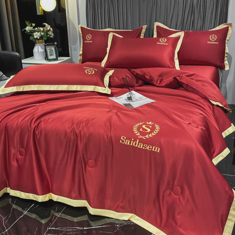 5zw夏季冰丝空调婚被婚房红色夏被四件套人单双夏天被芯夏凉薄被