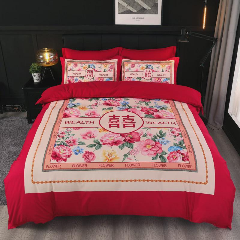 新款婚庆大版花床上四件套水洗大红色结婚陪嫁床单被套磨毛4件套
