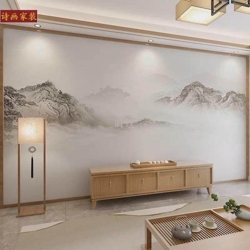Y禊3新中式壁布电视背景墙壁纸大气写意山水壁画客厅卧室沙发影视