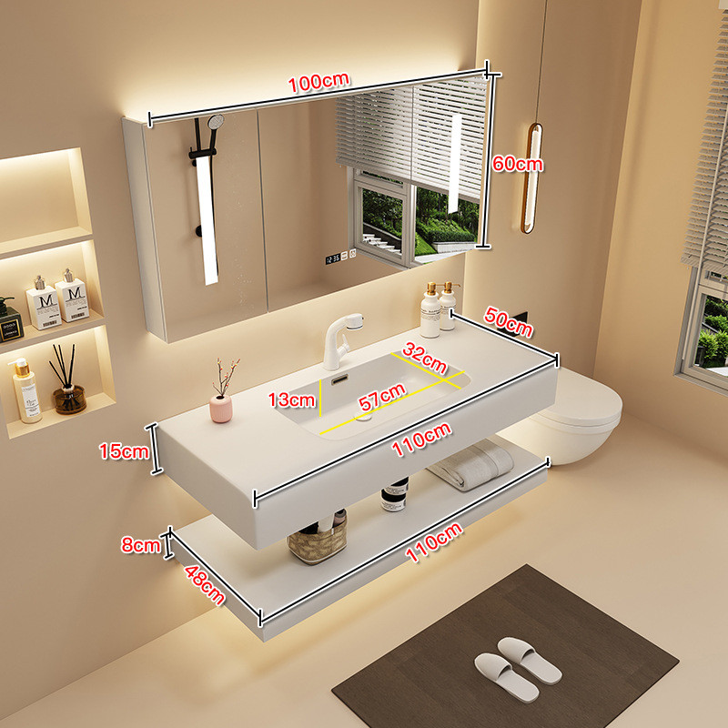 感圆弧浴室柜奶油风绮美石洗漱台家用双层肤轻奢一体盆浴室柜