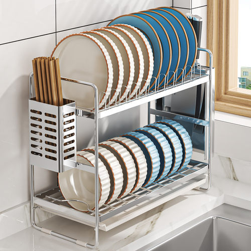 碗架沥水架304不锈钢窄款碗碟厨房置物架双层橱柜碗盘收纳免安装