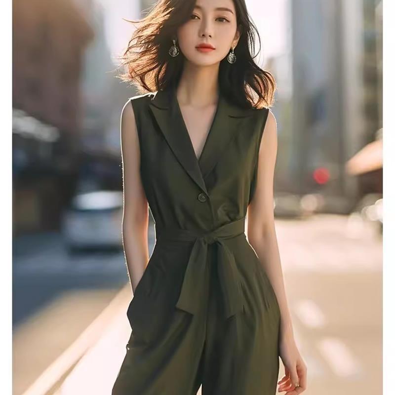 小香风绿色西装连衣裤女装2024早秋高端职业无袖连体阔腿裤子套装