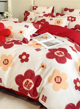 红色喜庆结婚床上用品四件套轻奢厂家被套床单新婚喜被高级感批发