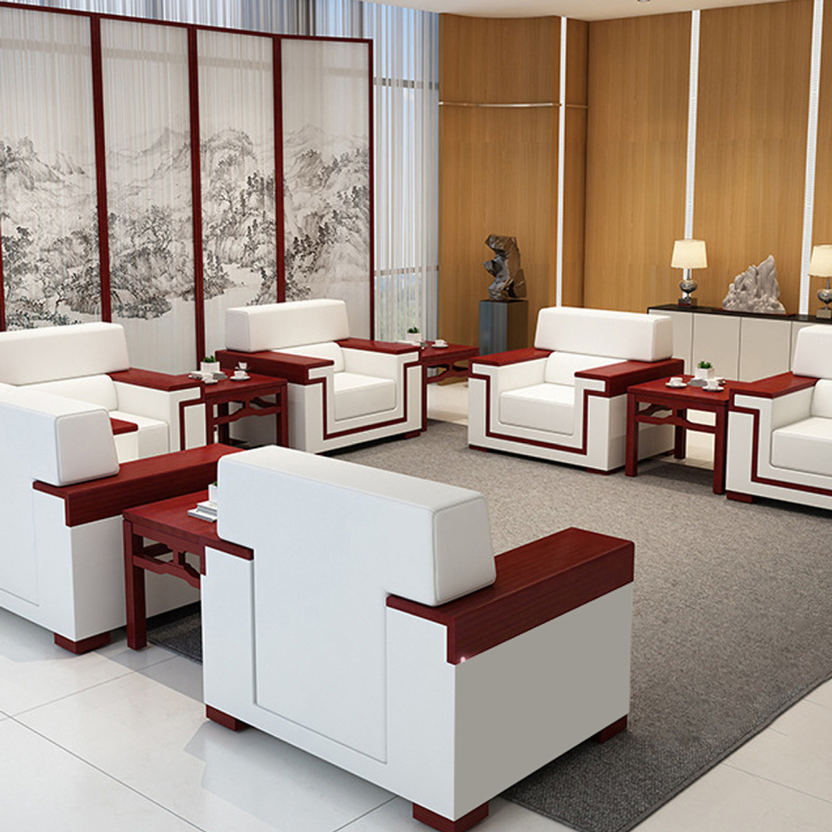热销贵宾橡木会议室沙发商务洽谈会客办公接待茶几组合中式单人位