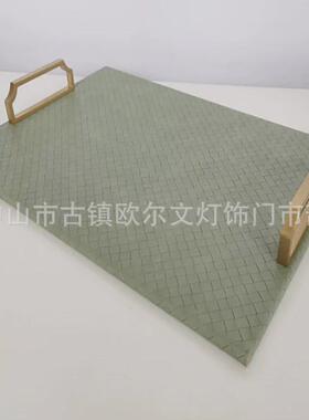 北欧轻奢灰色皮质编织纹长方形托盘现代简约摆件样板客厅茶几收纳