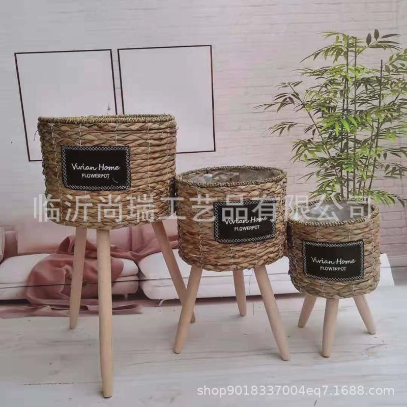 草编花篮简欧花盆带腿花架客厅阳台装饰编织田园花器装饰