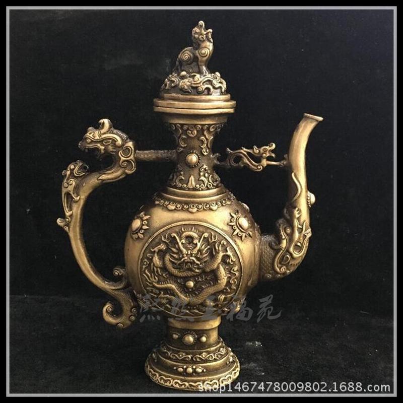 纯铜仿古双龙铜壶铜器龙酒壶刻工艺品摆件家居古玩收藏