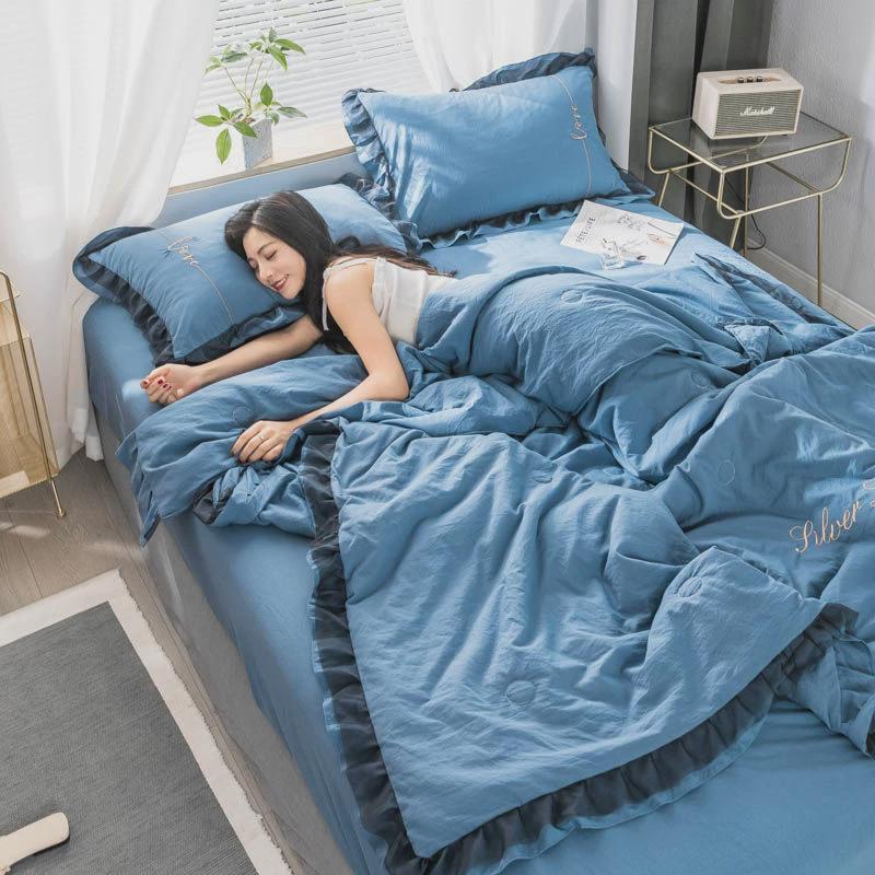 夏季水洗棉空调被花边夏凉被四件套可机洗夏被夏天薄被子床笠款